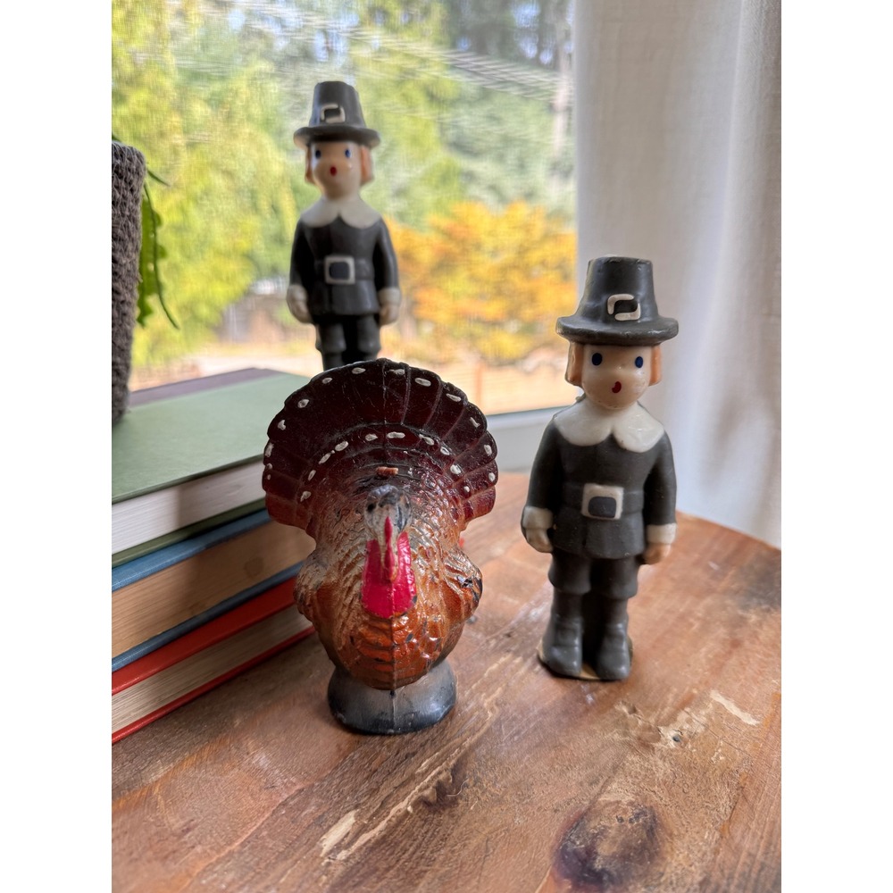 Vintage Gurley Thanksgiving Candle Set Pilgrim Boys and Turkey Wax Figures